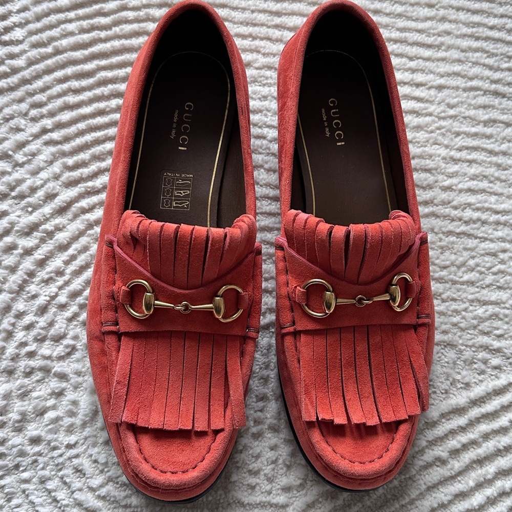 Gucci Orange Suede Fringe Horsebit Loafers 38.5 - Picture 5 of 14